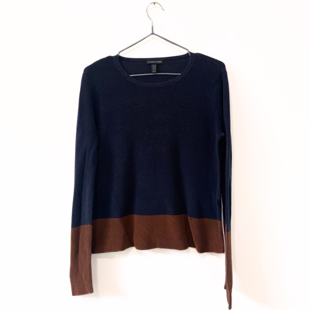 Eileen Fisher Navy/Brown ColorBlock Knit Silk Blend Sweater Size XS